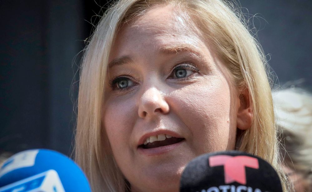 Virginia Roberts Giuffre speaks during a news conference outside a Manhattan court in New York, Aug. 27, 2019. (AP)